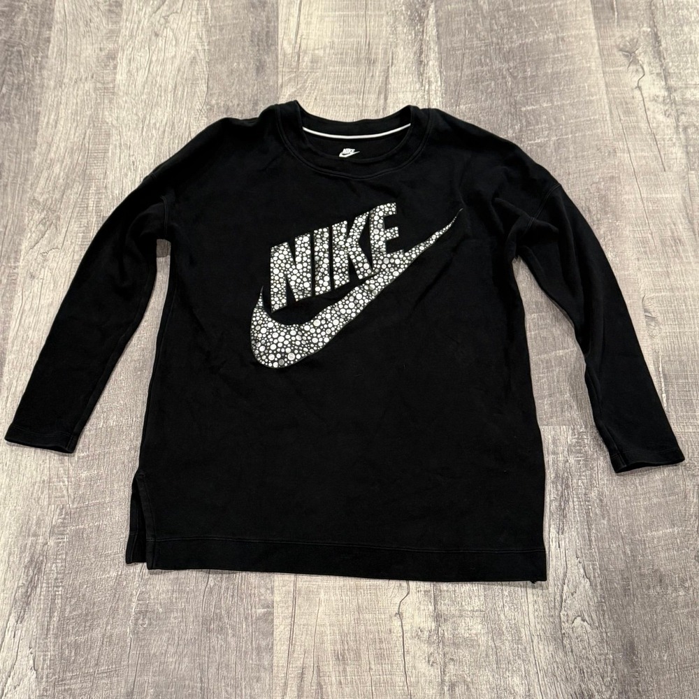 Nike Polka Dot‎ Swoosh Womens Long Sleeve Crewneck Size M Black Cotton Blend